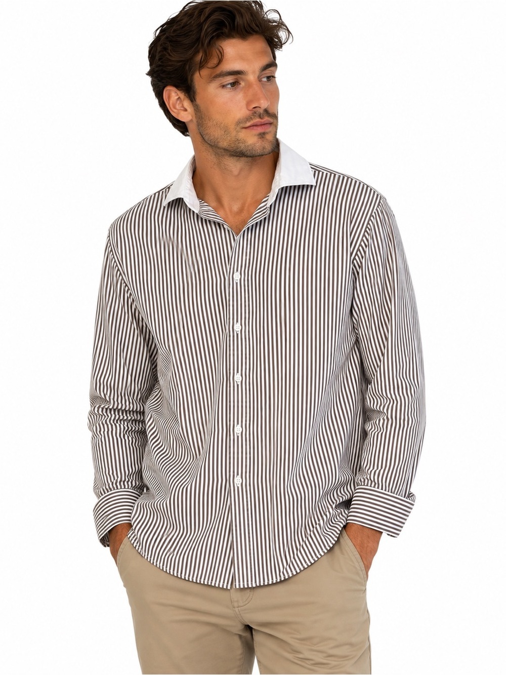 Polo Ralph Lauren Men’s 17 XL Brown White Stripe Button Shirt 100% Cotton